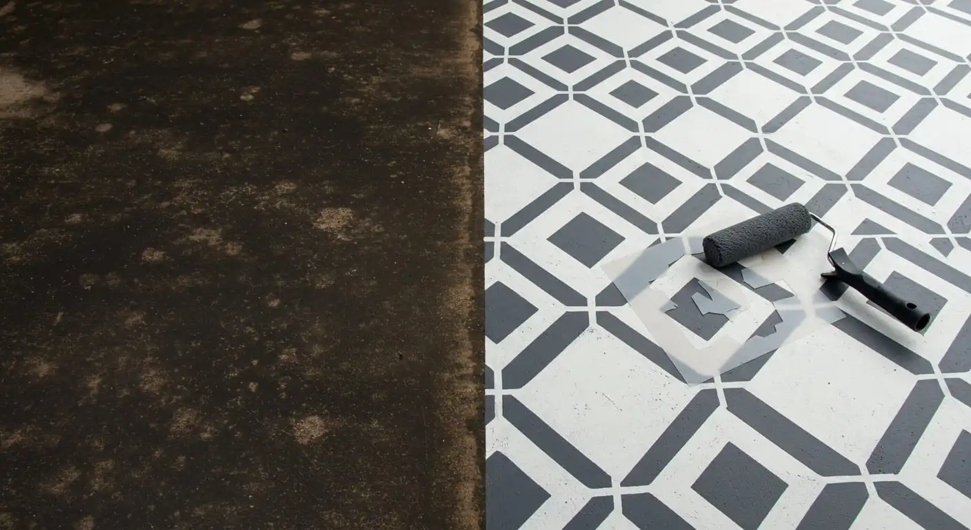 A concrete patio floor, half dirty and half stenciled with a beautiful geometric pattern.