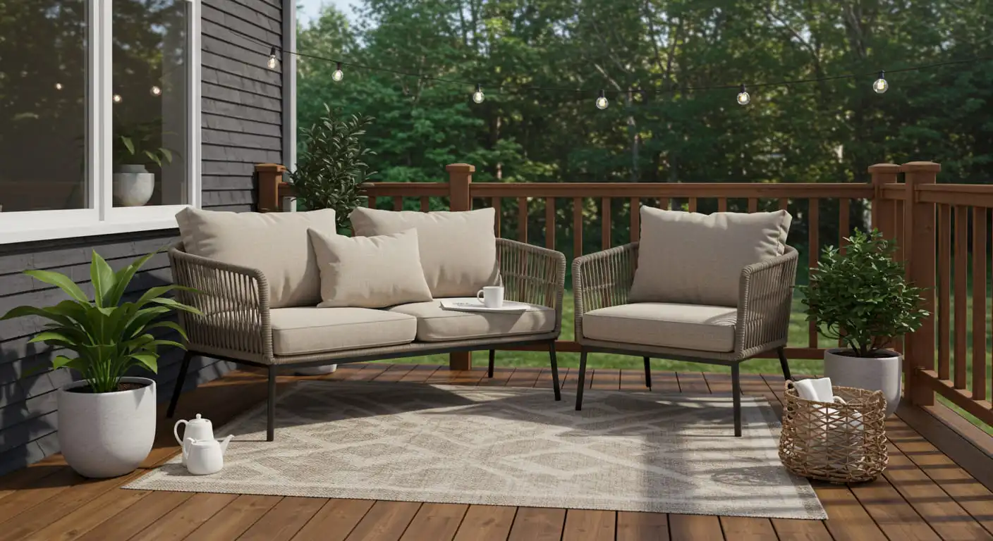 A modern and affordable outdoor bistro set with comfortable cushions on a patio.