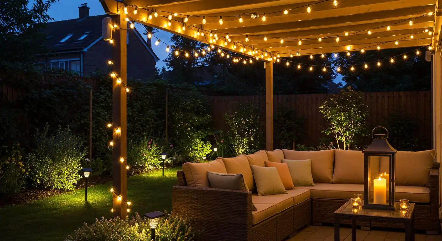 A backyard patio at dusk illuminated by warm, glowing string lights.