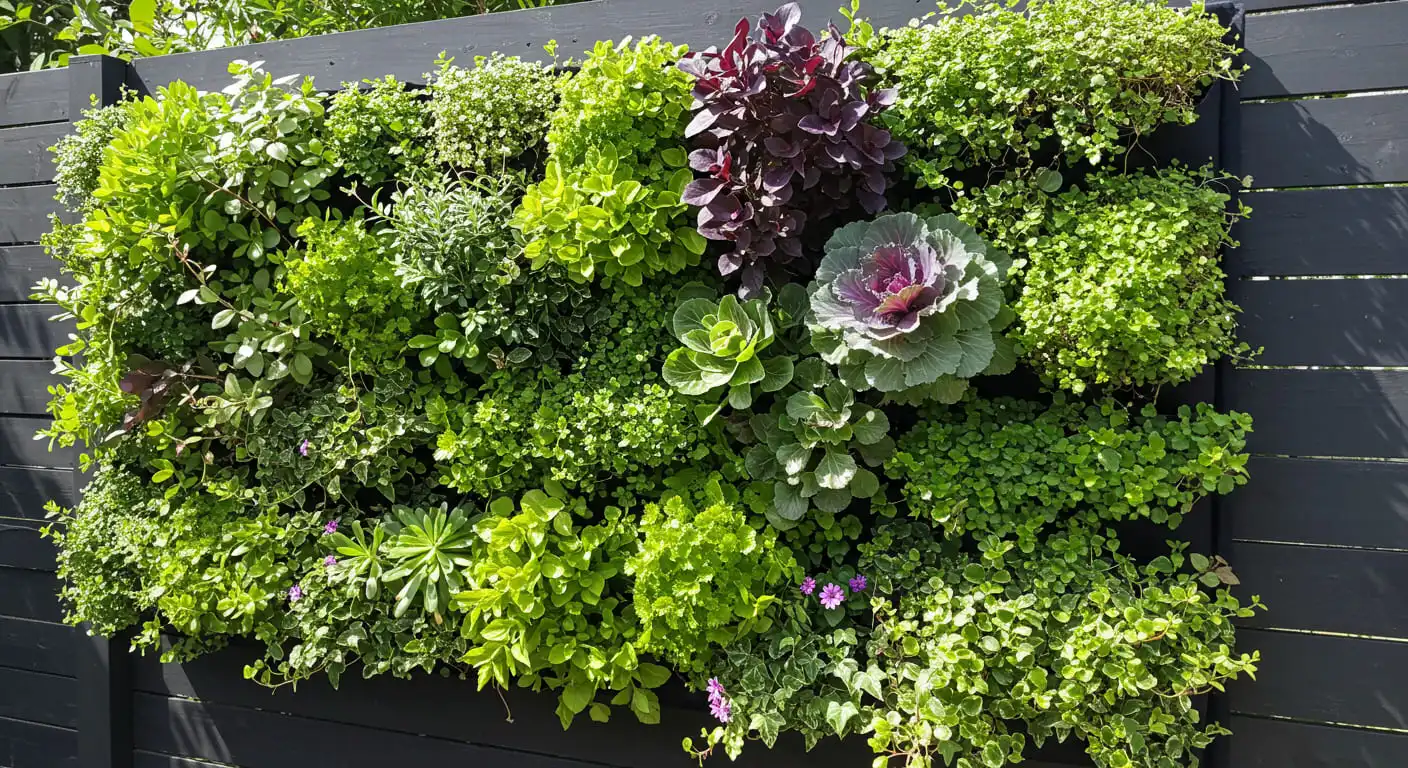 A vibrant vertical garden with succulents and herbs mounted on a dark fence.