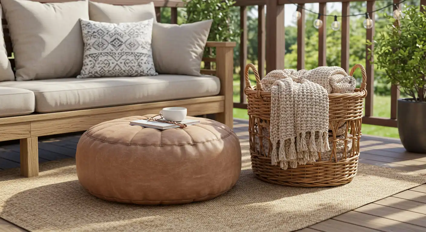 A cozy corner of a patio with a comfortable floor pouf and a basket of throw blankets.