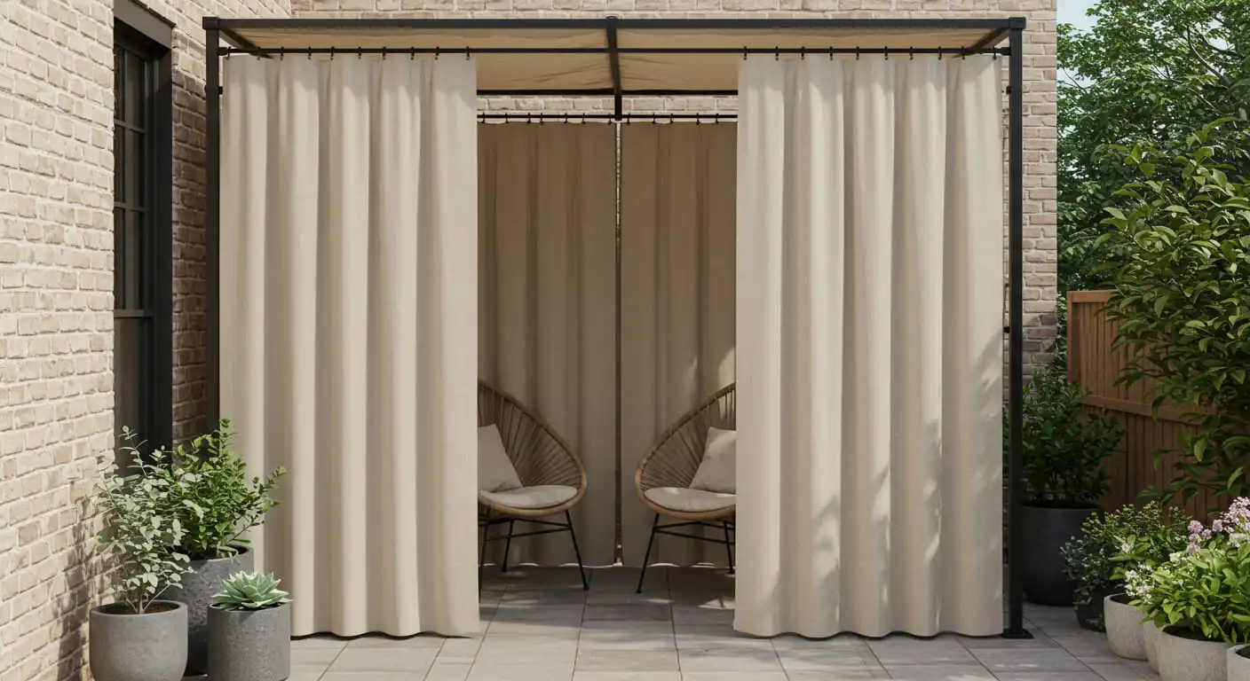 Light, airy outdoor curtains hung to create an elegant privacy screen on a patio.