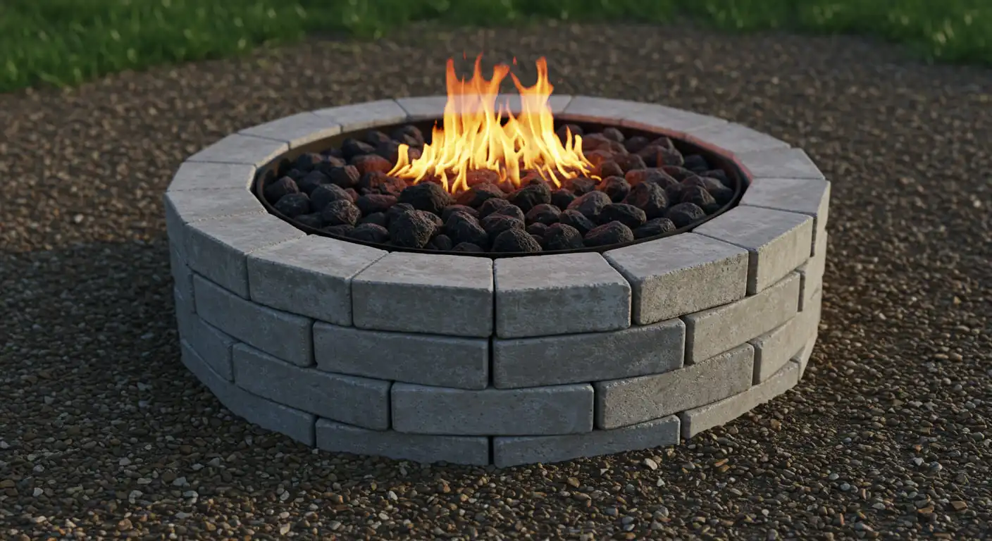 A DIY brick fire pit with glowing flames, serving as a focal point in a backyard.