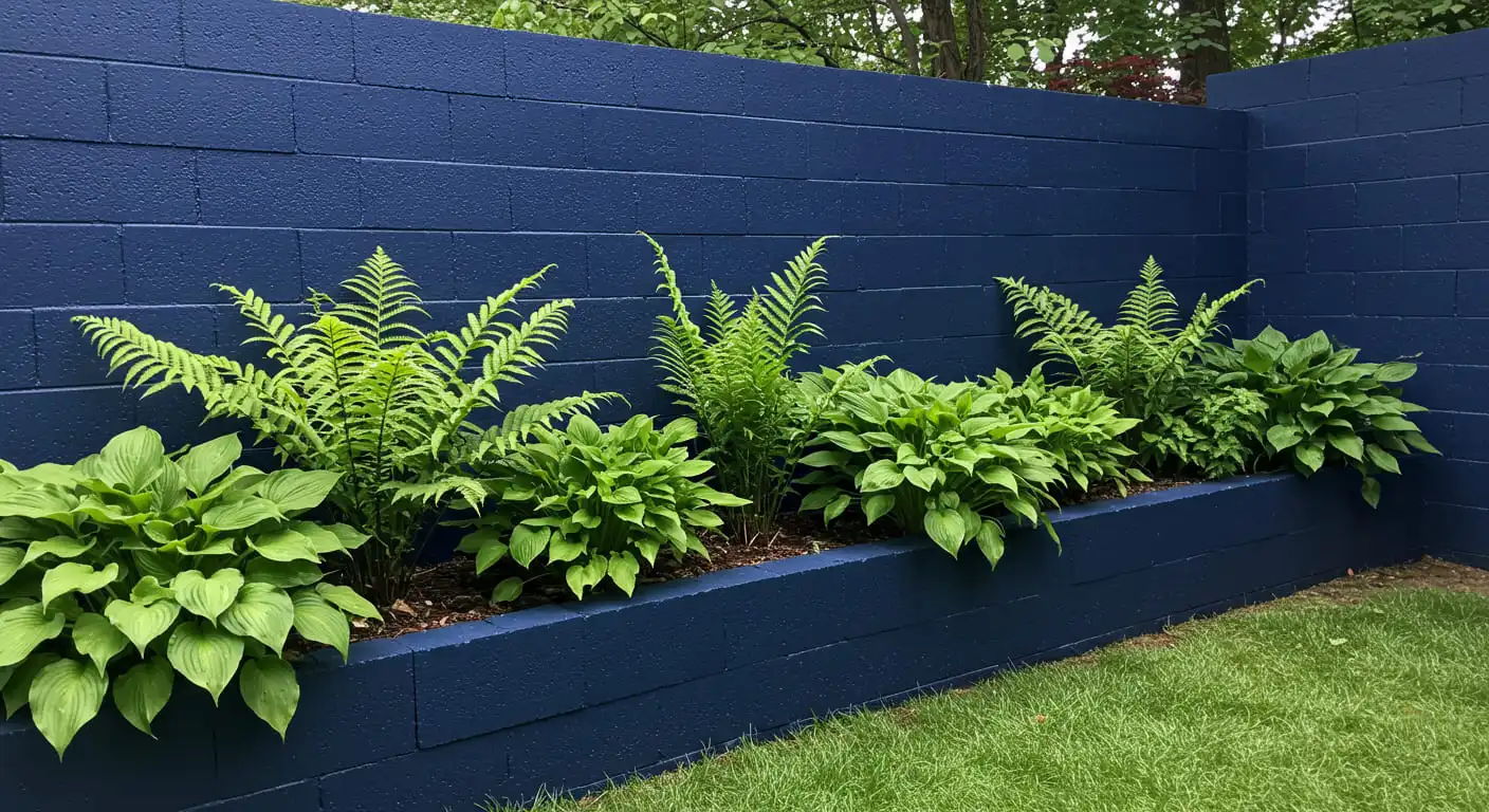 A bold, dark blue accent wall in a backyard that makes green plants pop.