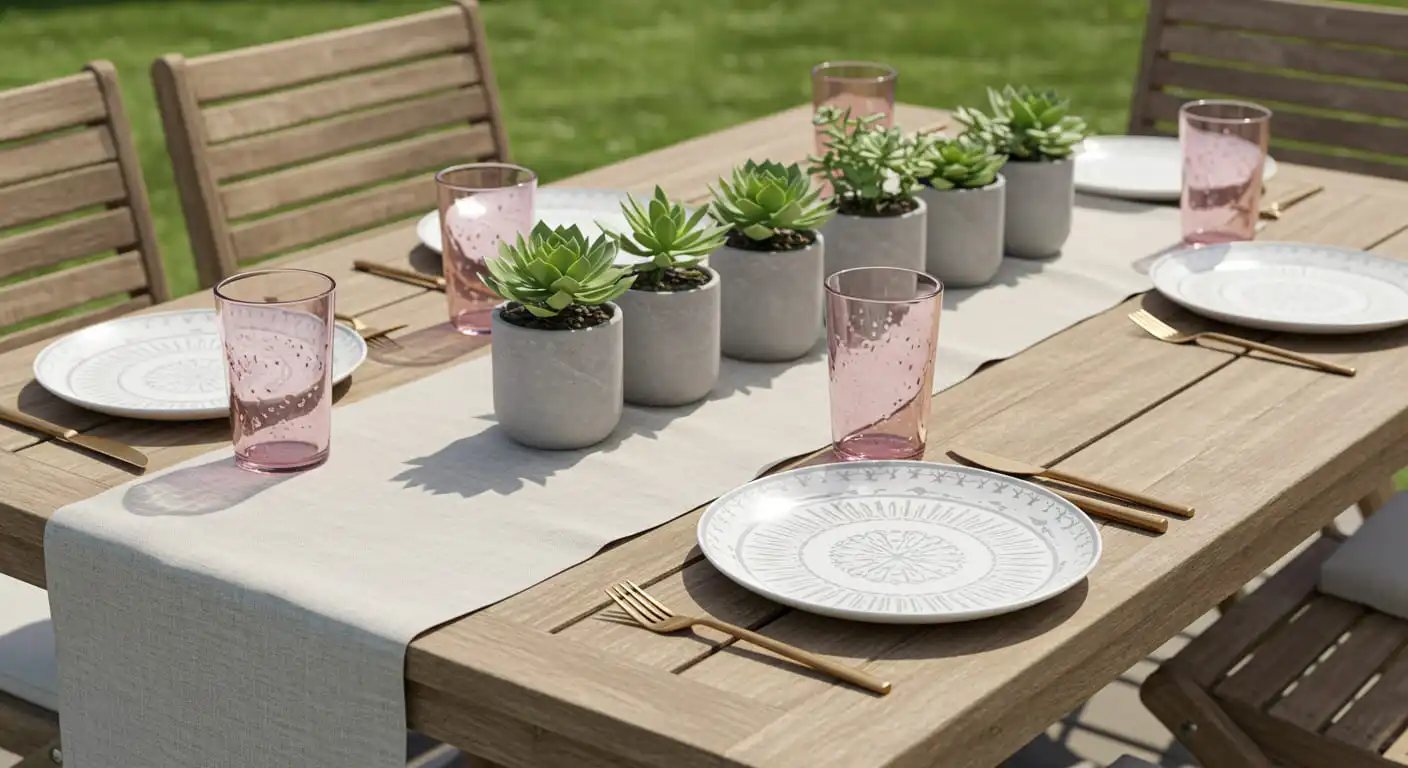 An outdoor table set for alfresco dining with durable melamine plates and a succulent centerpiece.