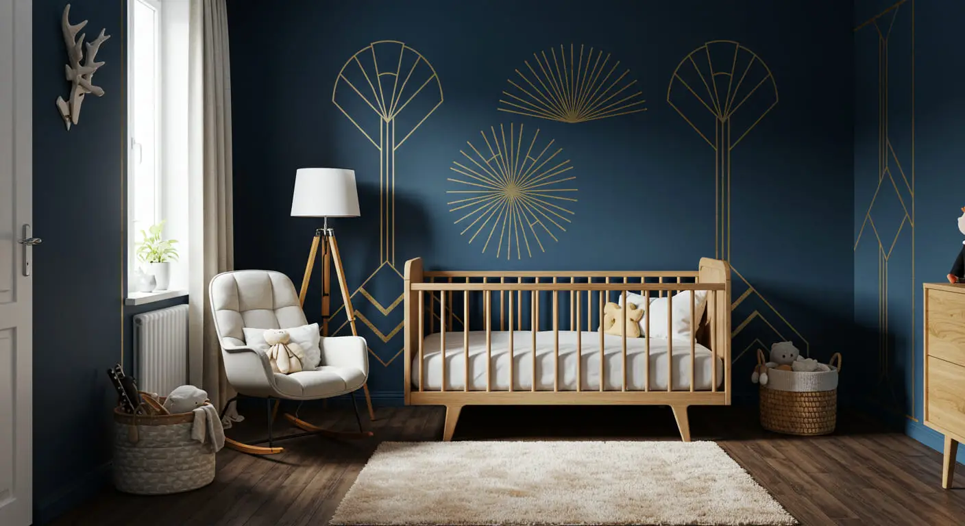 An elegant Art Deco kids' room with a deep navy blue statement wall behind a wooden crib, adorned with gold geometric decals.