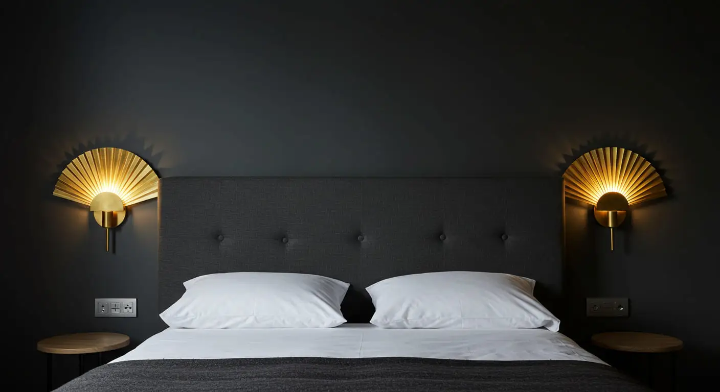Two elegant gold fan-shaped wall sconces emitting a warm glow on either side of a bed.