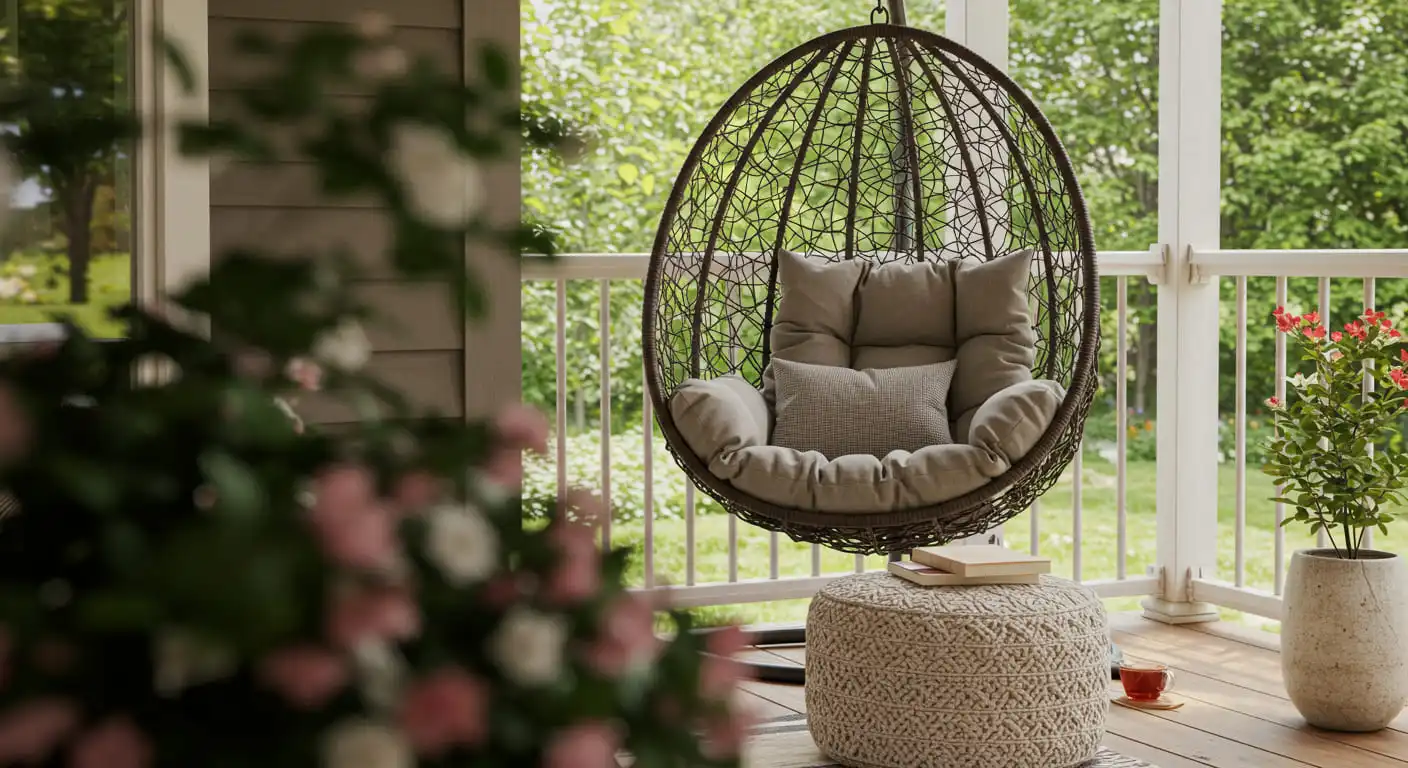 A comfortable hanging egg chair creating a relaxing reading nook on a porch.