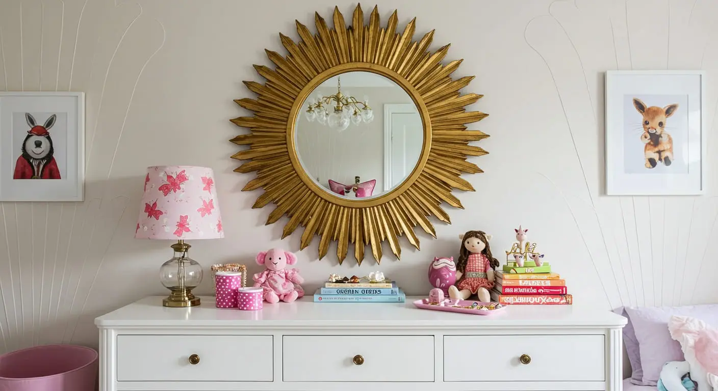 A magnificent gold sunburst mirror hanging above a white wooden dresser in a girl's room.