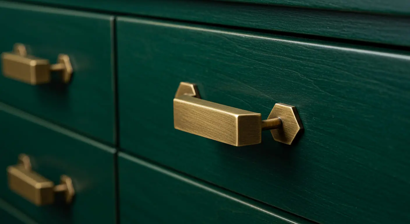 A detailed close-up of an emerald green dresser drawer with a hexagonal brushed brass pull.