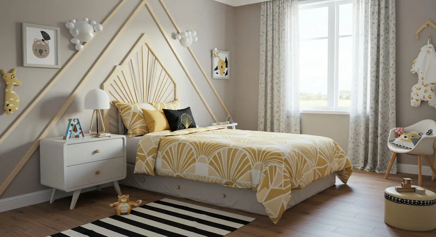 An Art Deco kids' room with layered geometric patterns, including a striped rug and arch-patterned bedding.