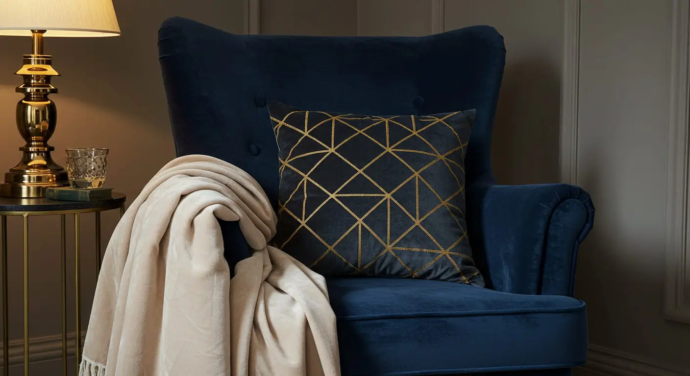 A cozy corner with a plush navy blue velvet armchair draped with a cream velvet throw.