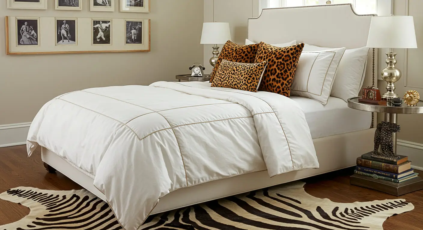 A chic kid's bed with white linens, styled with a faux zebra-hide rug and a leopard-print cushion.