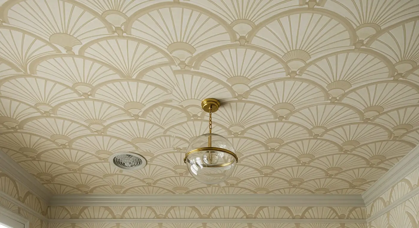 An upward view of a kid's room ceiling with Art Deco fan-patterned wallpaper in gold and off-white.