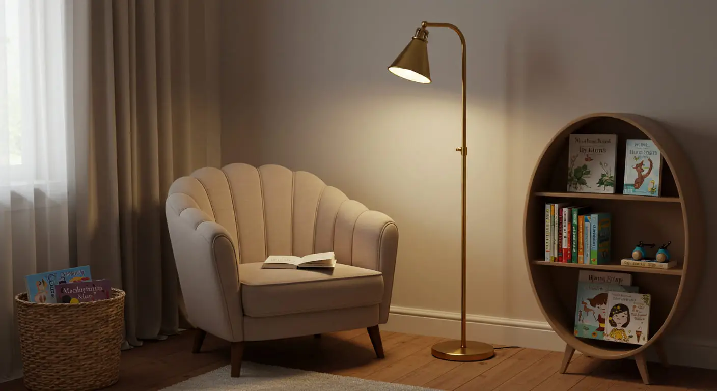 A charming reading nook with a scalloped-back armchair and a slim gold floor lamp.