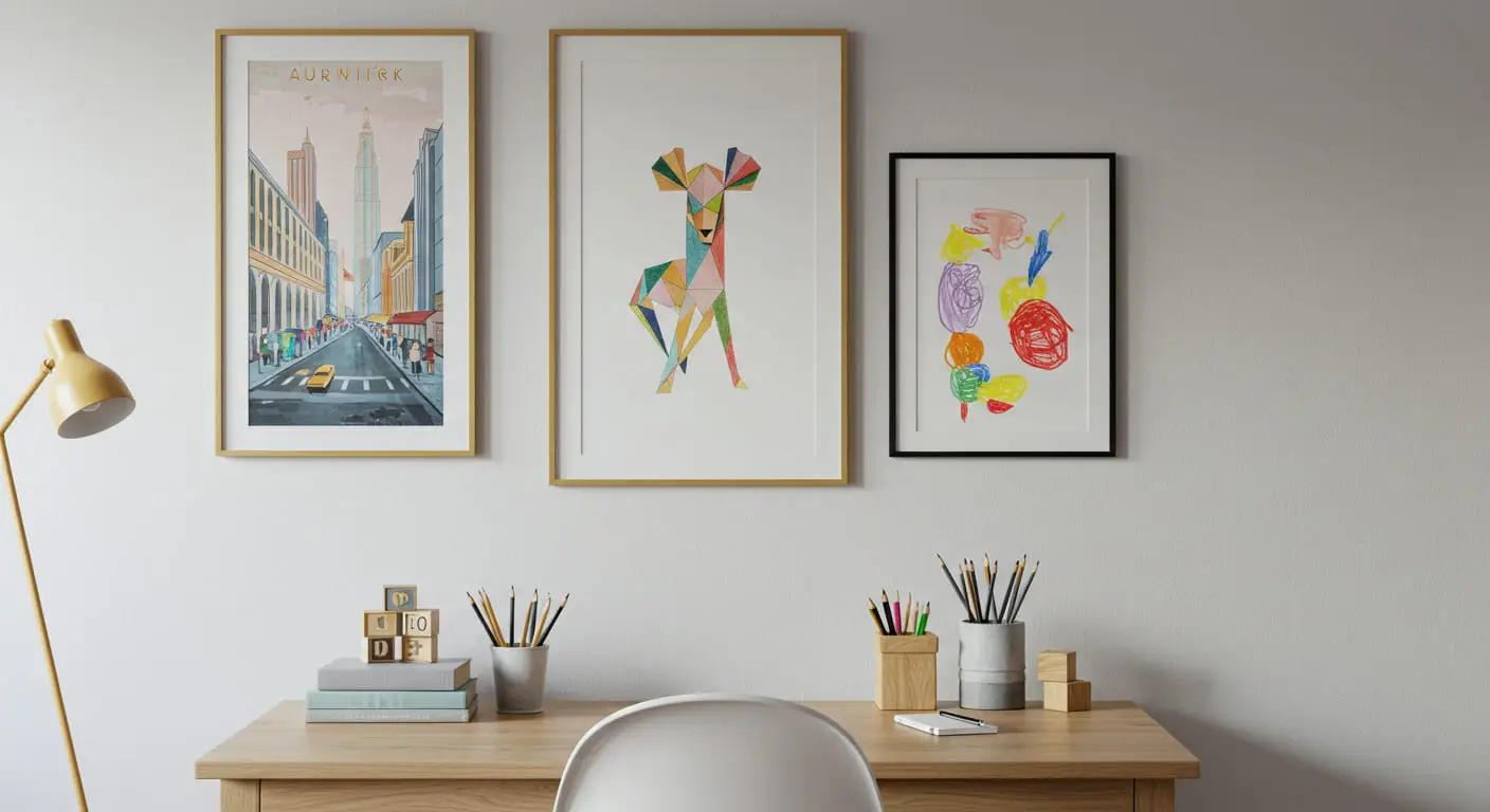 A gallery wall above a child's desk with a mix of Art Deco prints and a child's drawing in slim frames.