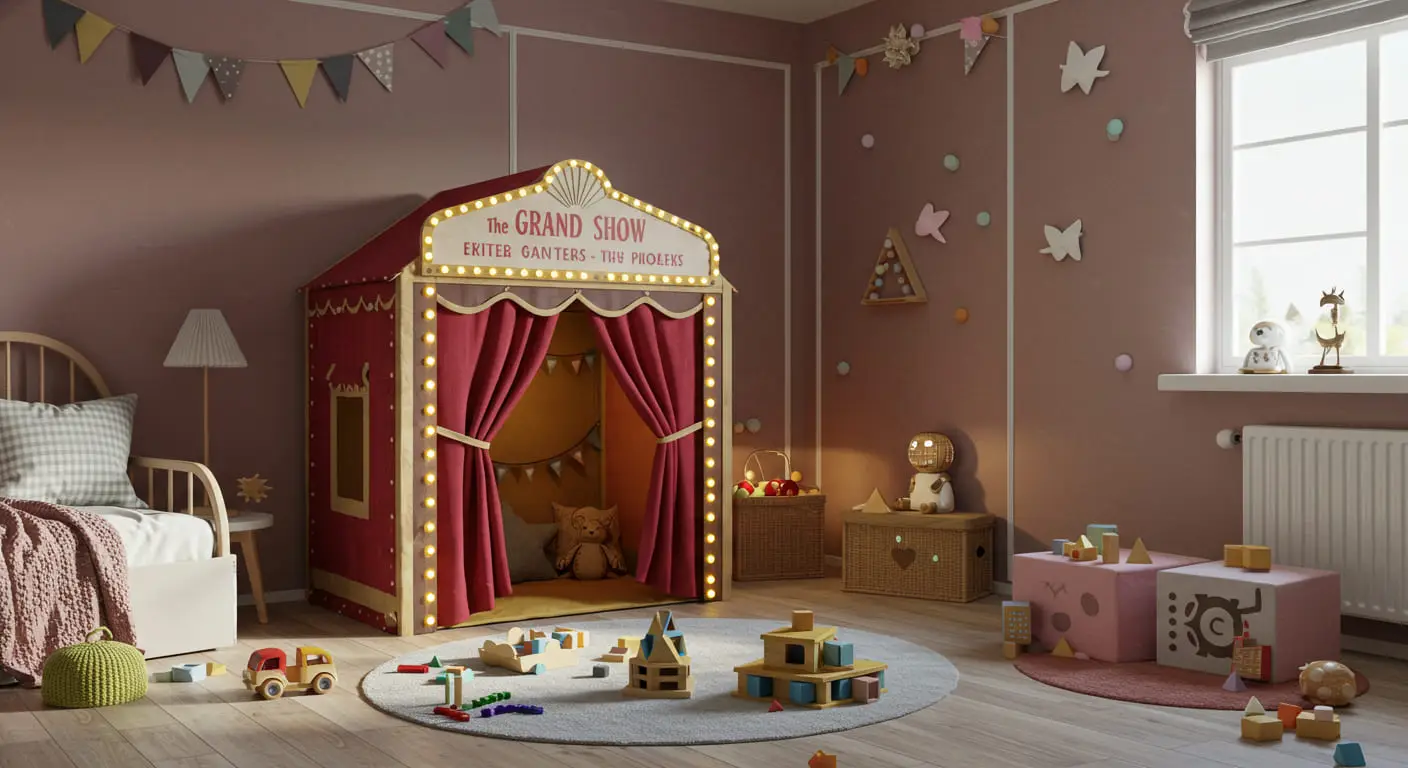 A whimsical play area in a kid's room with a tent designed to look like an Art Deco theater entrance.