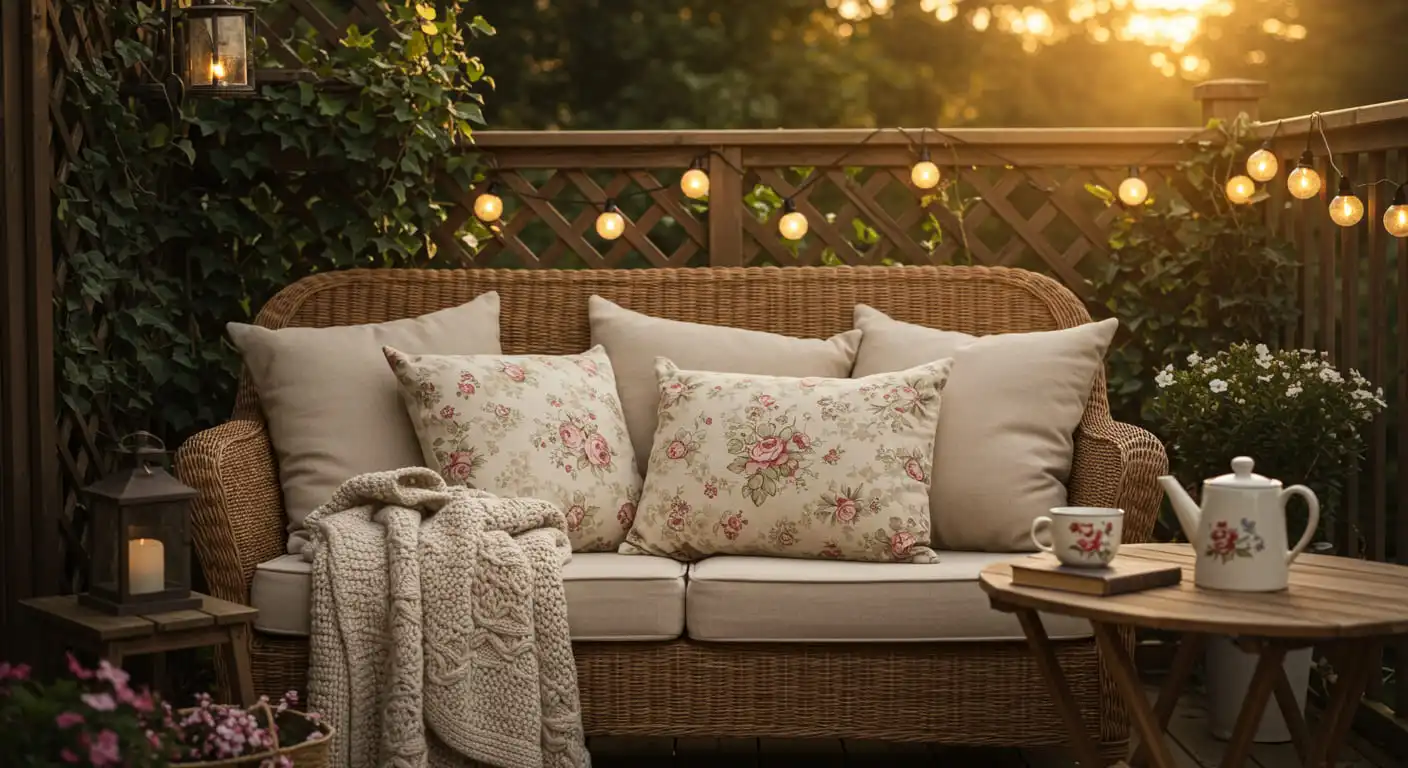 A cozy veranda with wicker furniture and plush cushions, exuding cottagecore charm.