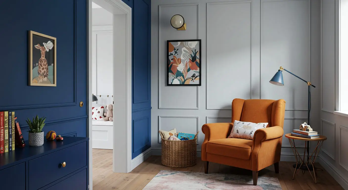 A chic kids' room corner with a sapphire blue wall and a burnt orange velvet armchair.