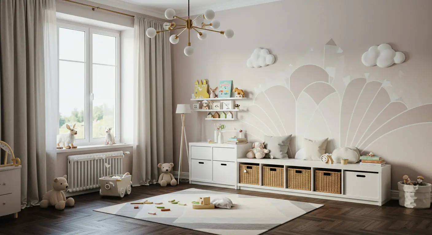 A bright and functional Art Deco kid's room with a low, accessible bookshelf and easy-to-clean floors.