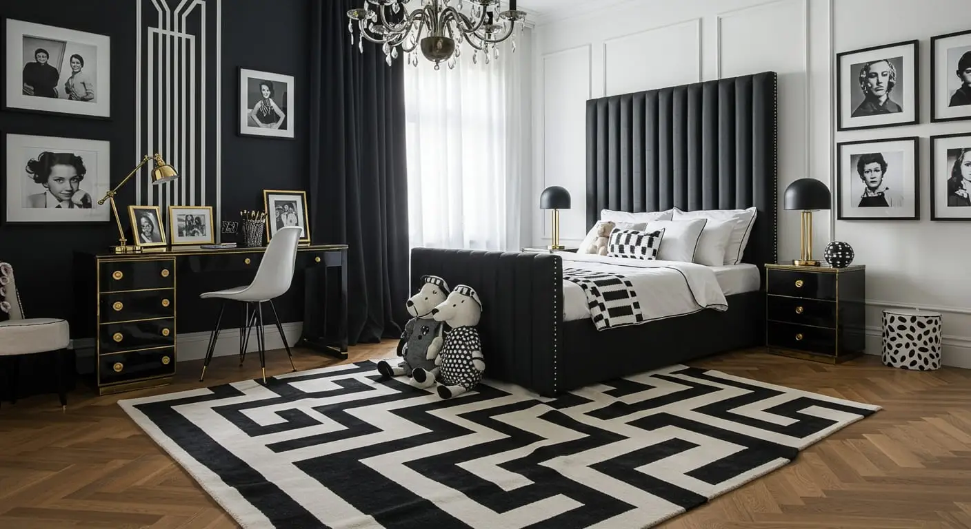 A sophisticated kids' room with a bold black and white chevron rug and a sleek black headboard.