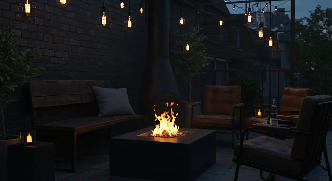 An industrial style veranda with metal, wood, and a modern fire pit.