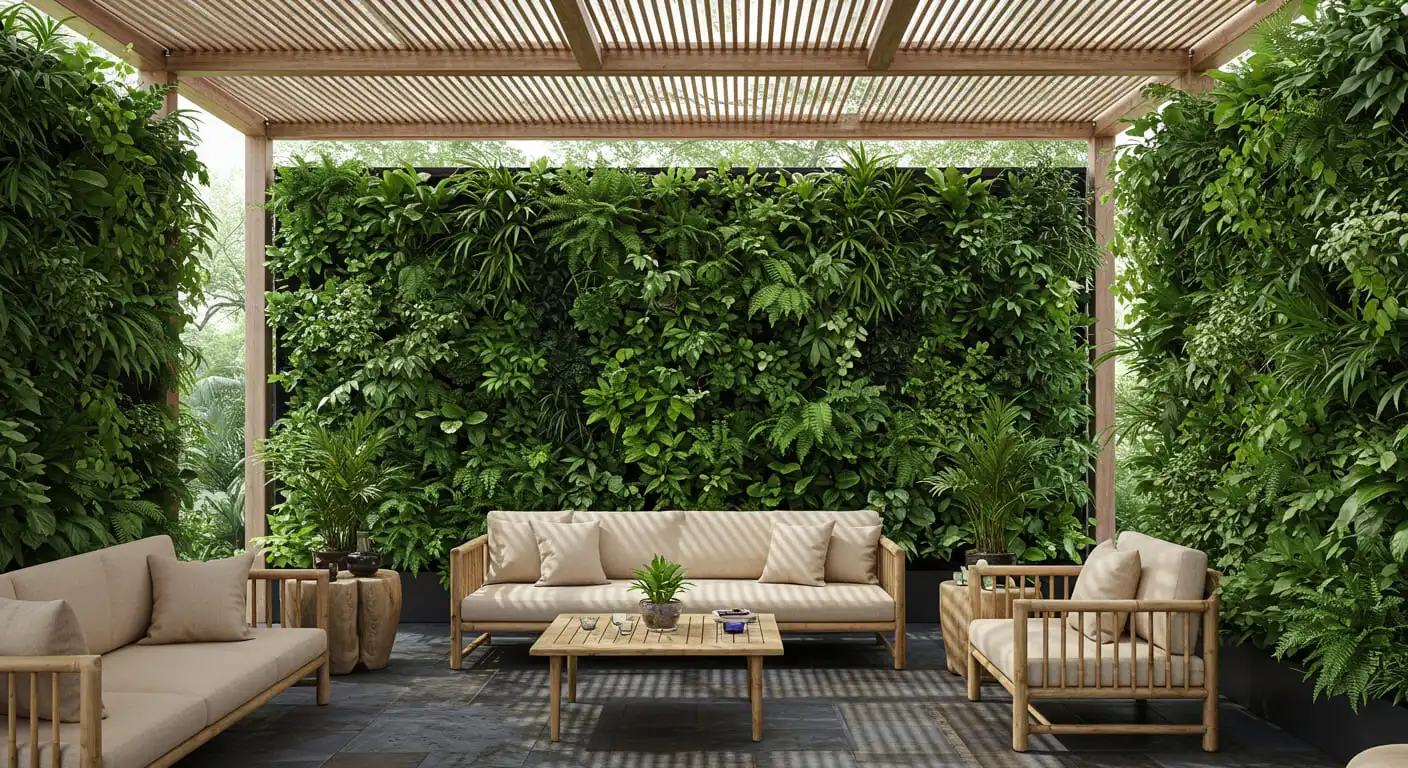 A lush veranda that blurs the line between indoors and outdoors, featuring a living wall.