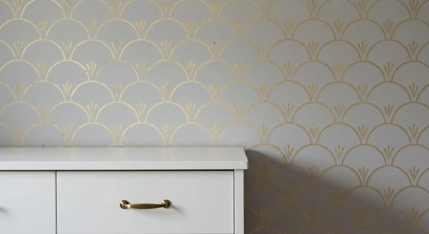 A close-up of a light gray wall with delicate, shimmering gold foil scallop patterns, adding a touch of glam.