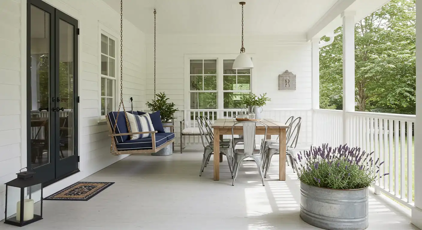 A bright and airy modern farmhouse veranda with a mix of rustic and contemporary elements.