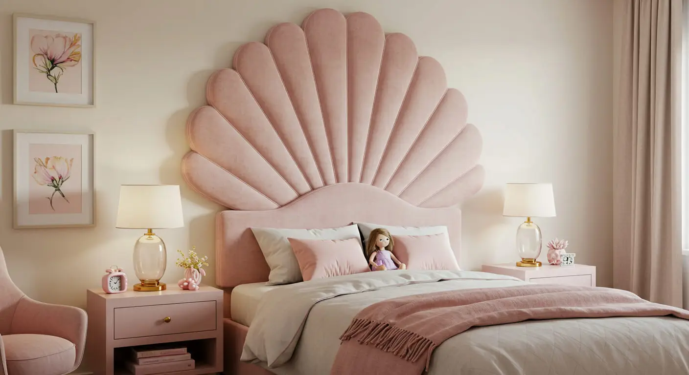 A girl's bed featuring a stunning blush pink velvet, fan-shaped tufted headboard as a statement piece.