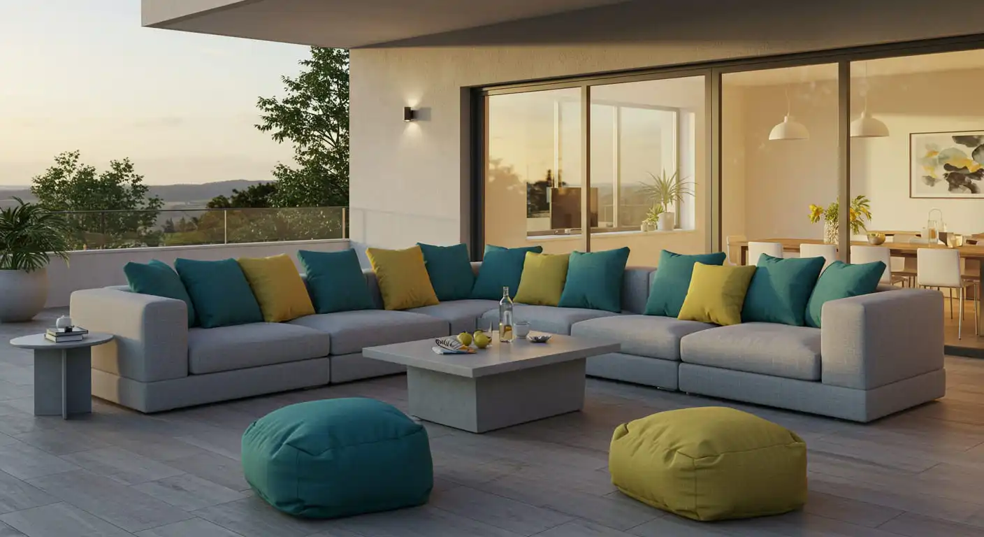 A large, modern modular sectional sofa on an outdoor patio, arranged for conversation.