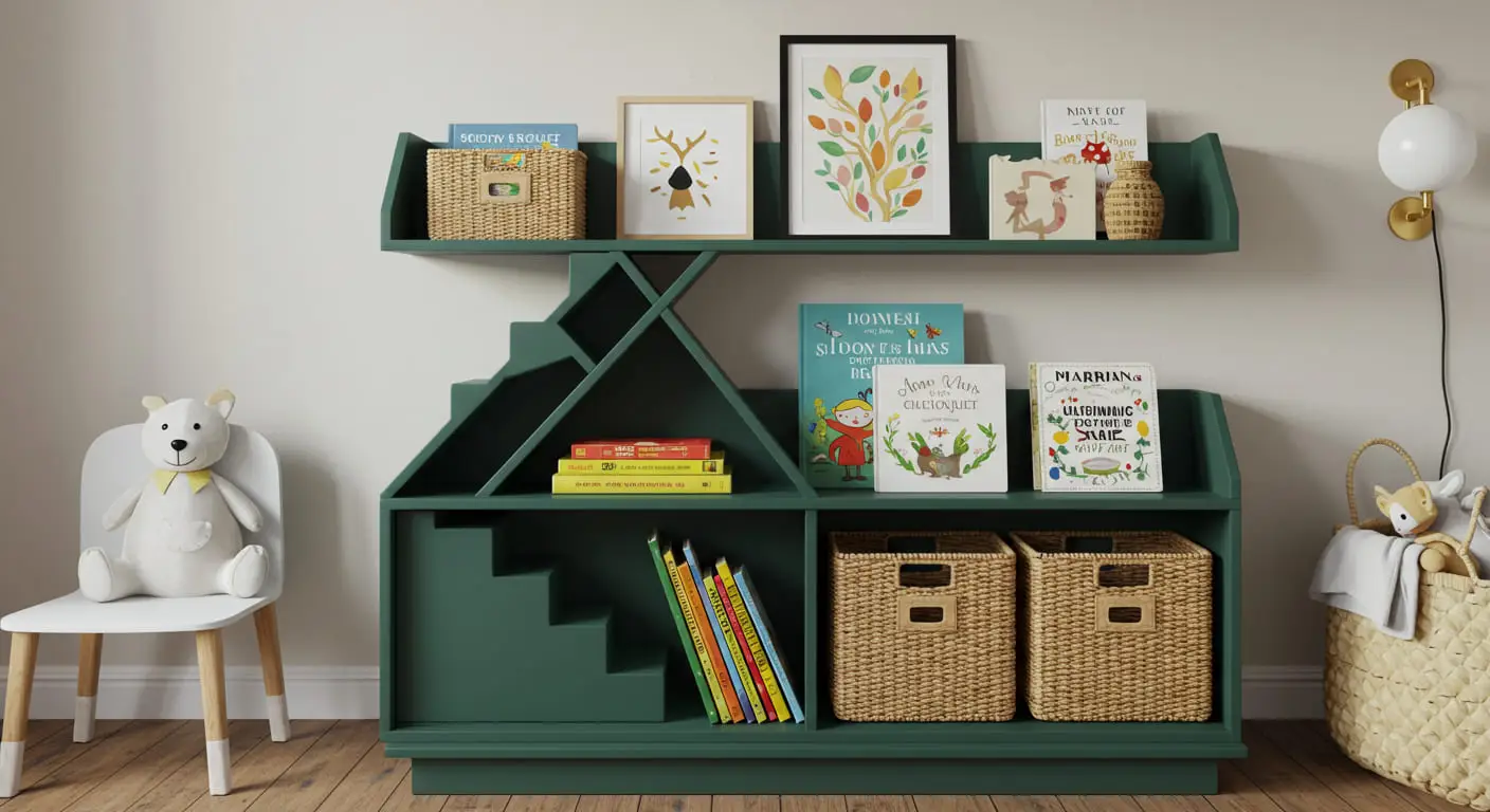 A stylish dark green bookshelf in an Art Deco ziggurat design, holding children's books and baskets.