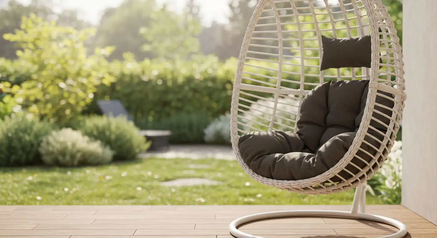 A serene corner of a veranda featuring a stylish hanging egg chair overlooking a garden.