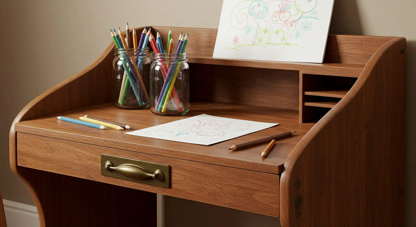 A charming art station featuring a vintage-inspired wooden desk with curved waterfall edges.