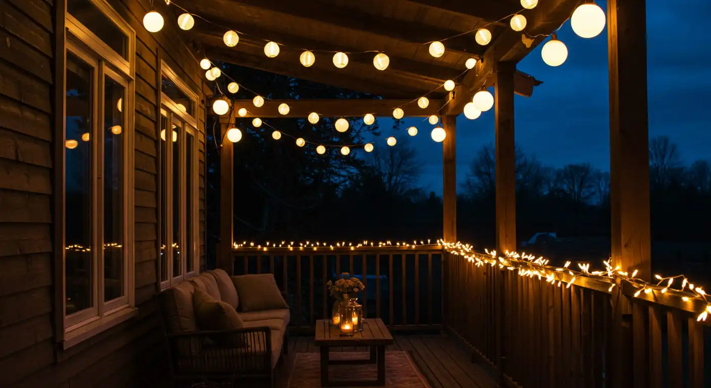 A veranda at dusk, beautifully illuminated by multiple layers of warm string lights.