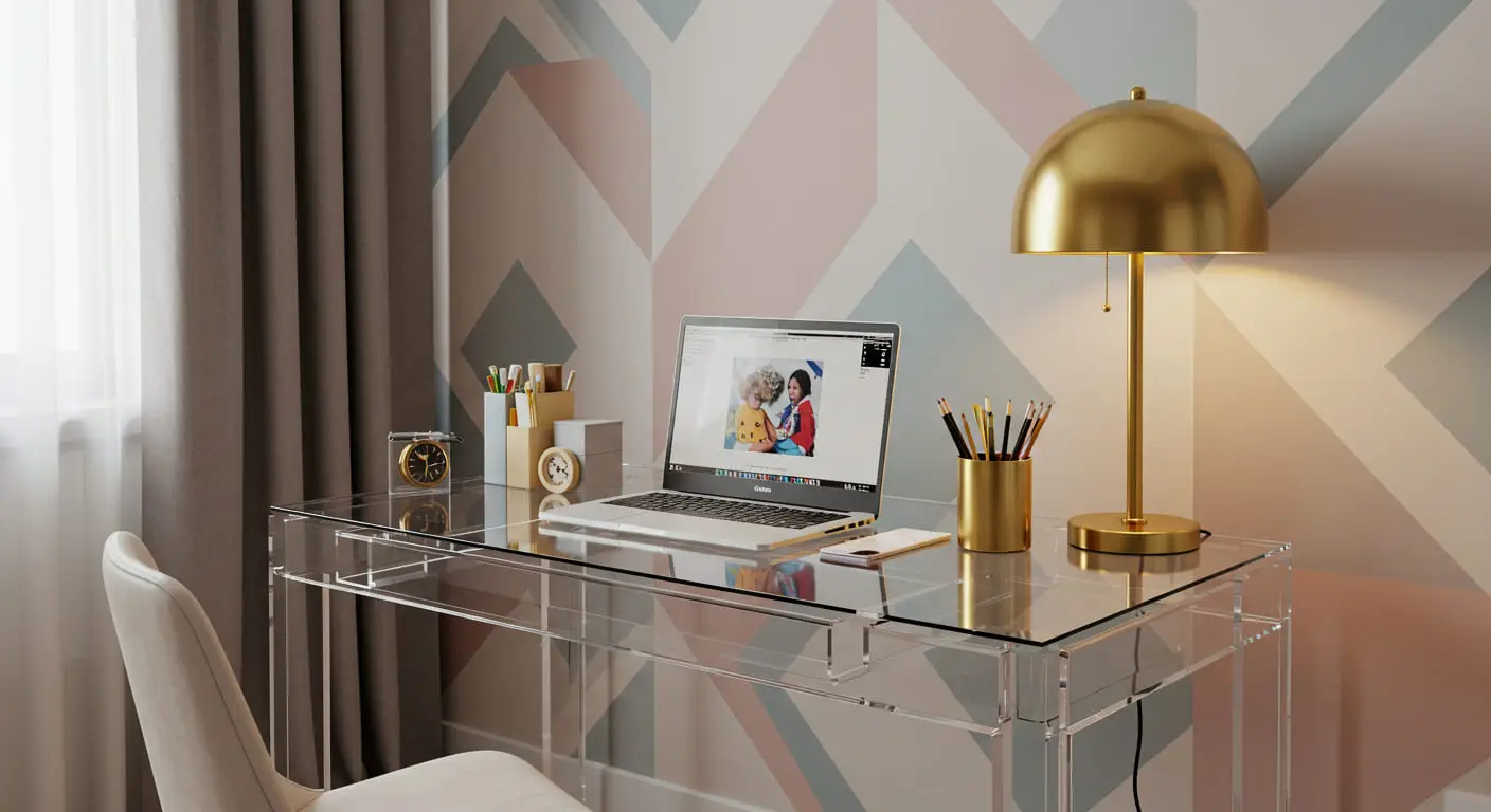 A modern kid's room with a clear Lucite study desk that makes the space feel larger and more open.
