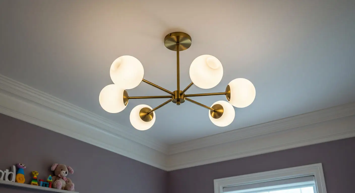 A striking geometric brass chandelier with frosted glass globes hanging in a kids' bedroom.