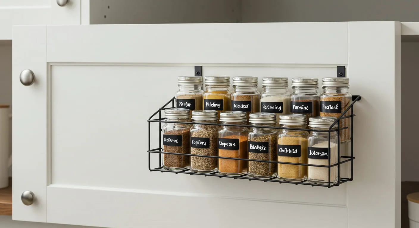 A slim wire rack mounted on the inside of a kitchen cabinet door, holding various spice jars and freeing up shelf space.
