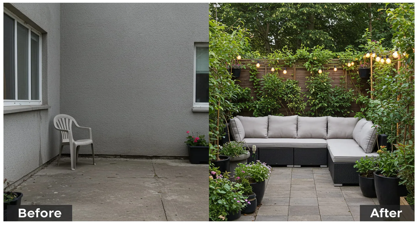 A before and after photo showing the author's patio transformation from a barren concrete slab to a lush garden oasis.