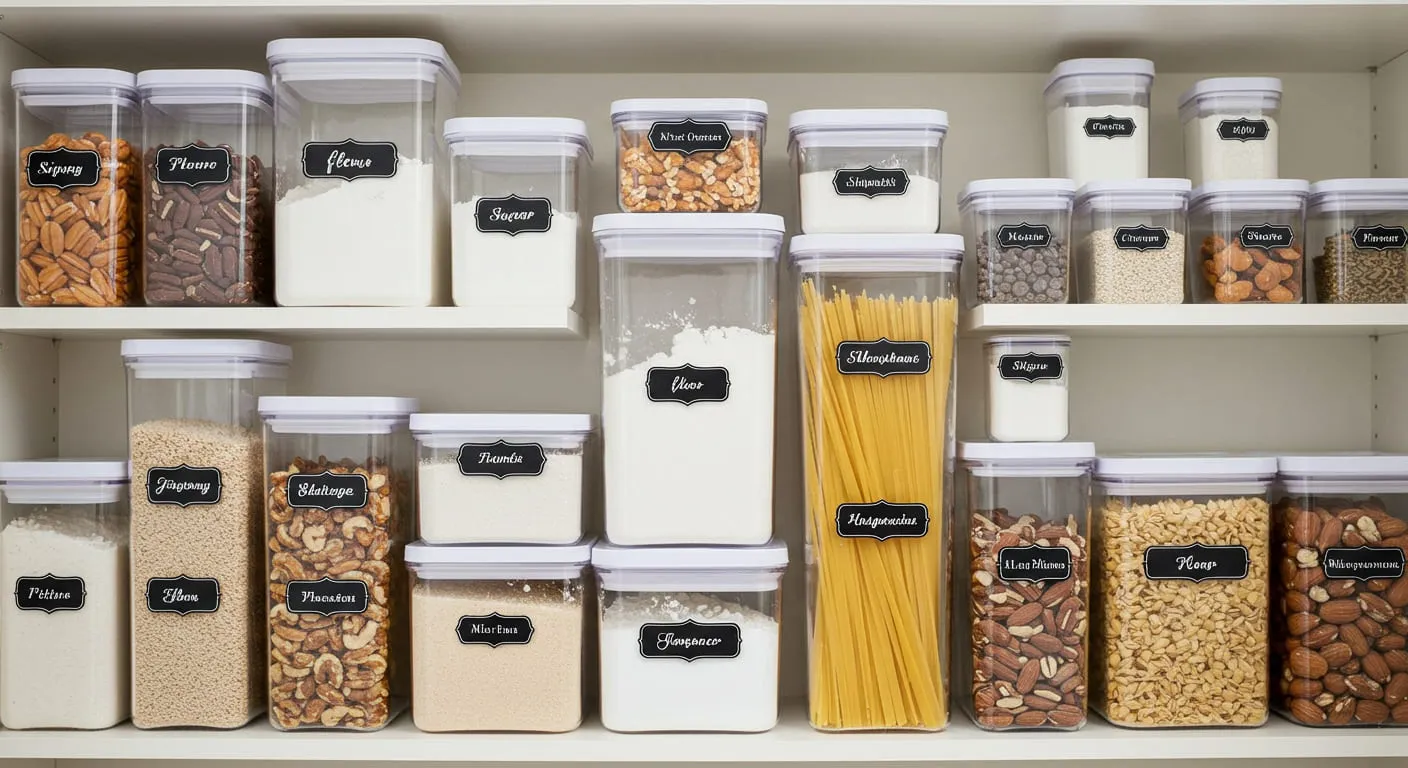 A pantry shelf organized with clear, stackable containers holding dry goods, all uniformly labeled.
