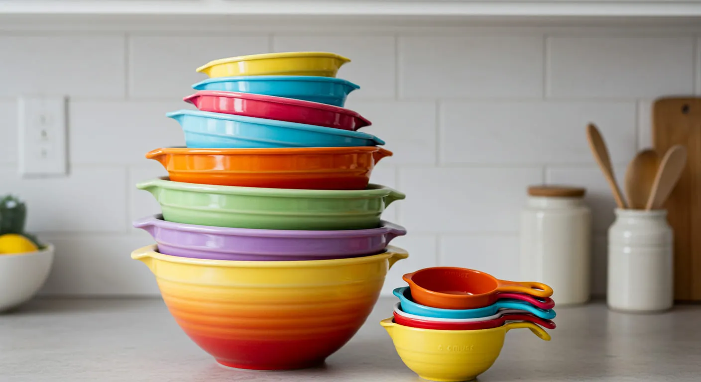 A set of colorful mixing bowls and measuring cups nested together, saving significant cabinet space.