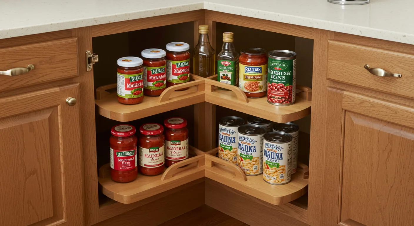 A Lazy Susan inside a corner cabinet, neatly organizing cans and jars and making them easy to access with a spin.