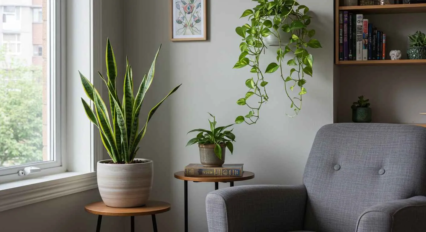 A vibrant corner of a room filled with various easy-to-care-for houseplants in stylish pots.