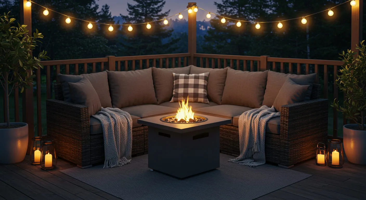 A cozy patio corner at dusk with a lit fire pit, a comfy sectional sofa, and glowing string lights creating a warm ambiance.