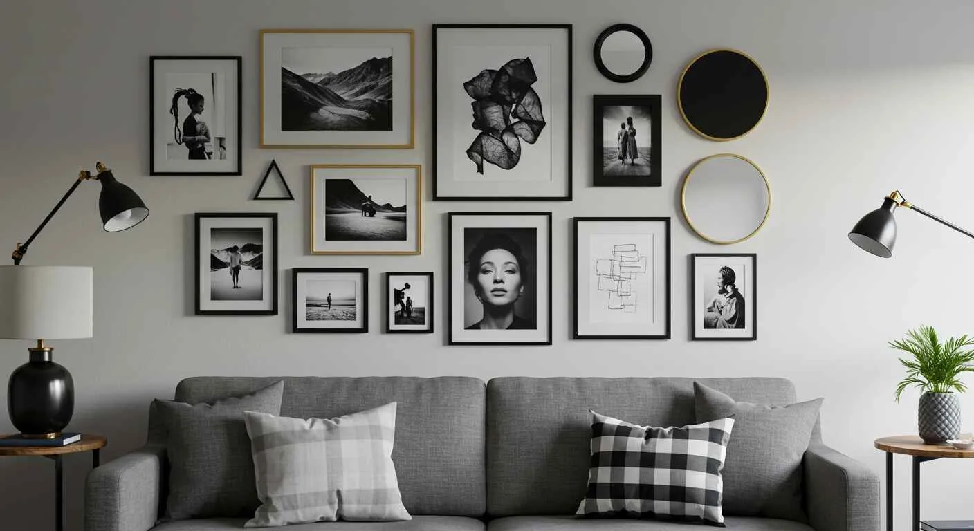 A beautifully arranged gallery wall with a mix of frames and art, creating a personal and sophisticated focal point.
