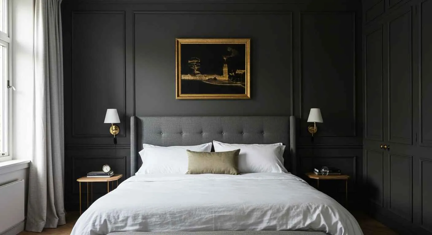 A striking, dark accent wall behind a bed, providing a dramatic and luxurious feel to the bedroom.