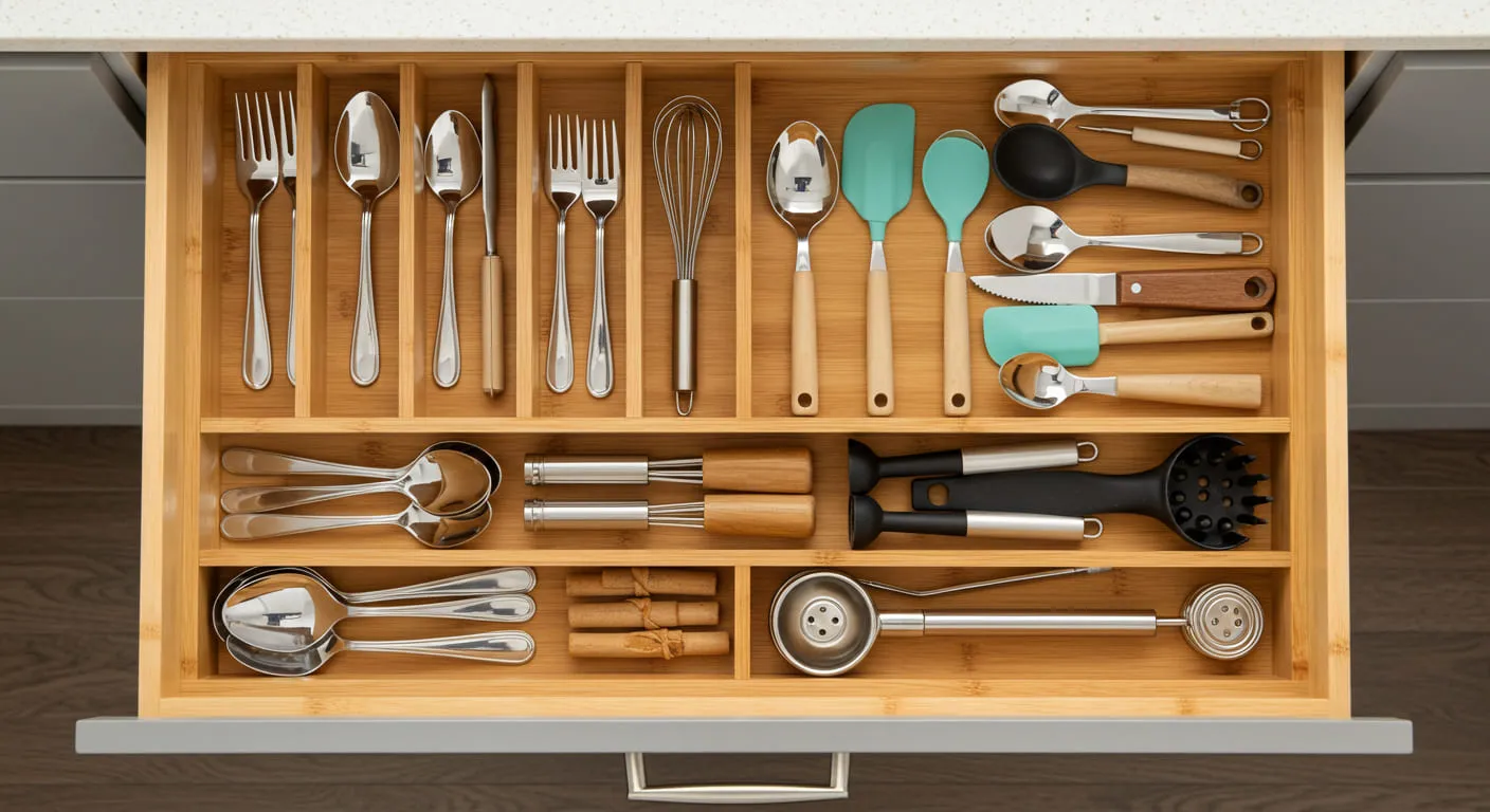 A neatly organized utensil drawer using bamboo dividers to create separate compartments for different tools.