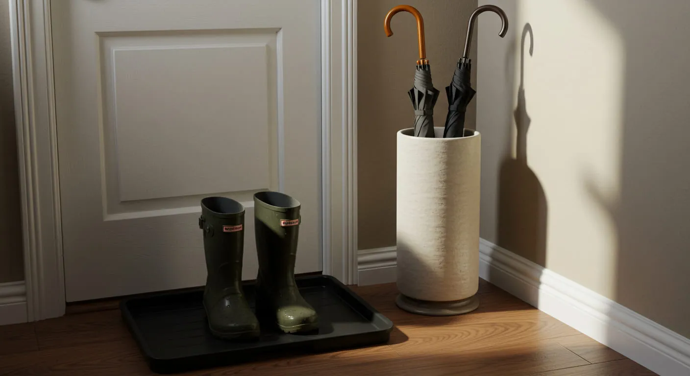 A designated wet station with a boot tray for wet shoes and a ceramic stand for umbrellas.