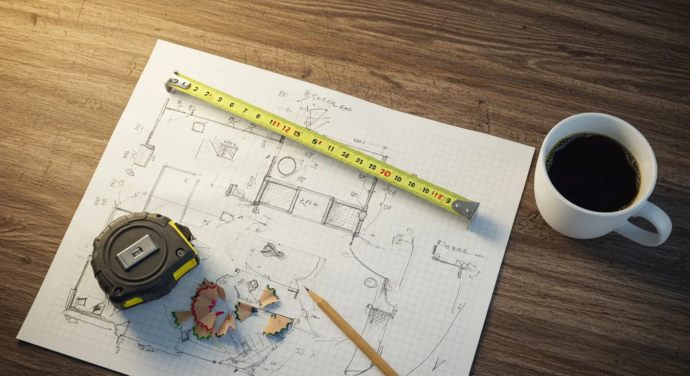 A hand-drawn sketch of a kitchen layout on grid paper, surrounded by planning tools like a tape measure and pencil.