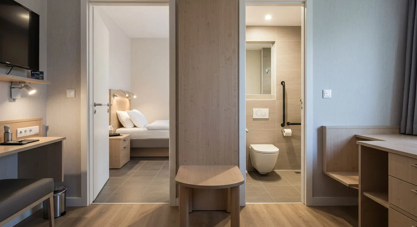 A thoughtfully designed guest room with wide pathways for easy movement, a bed at a comfortable height, and a stylish grab bar in the visible en-suite bathroom.